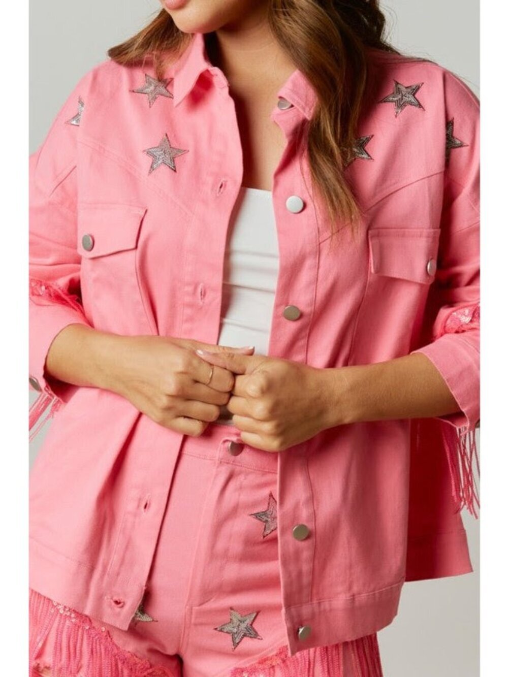 Western Diva Star Sequin Patch Fringe Jacket in Pink - Picture 8 of 9
